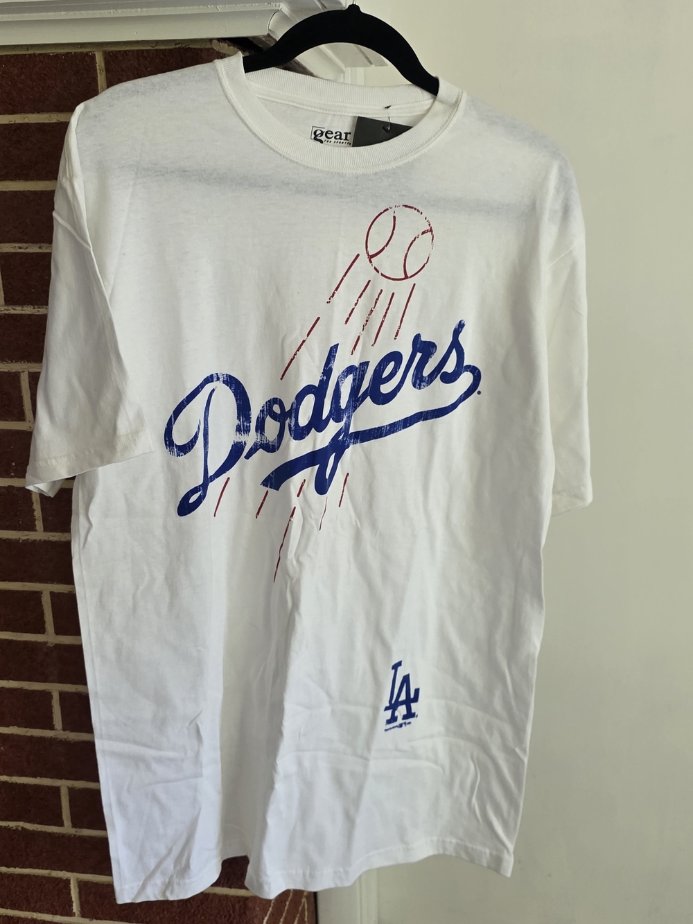 Gear For Sports White Dodgers Graphic Tee with Blue and Red Print